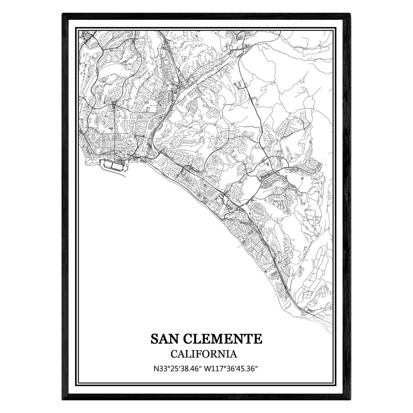 TANOKCRS San Clemente California USA America Map Wall Art Canvas Print Poster Artwork Unframed Modern Black and White Map Souvenir Gift Home Decor