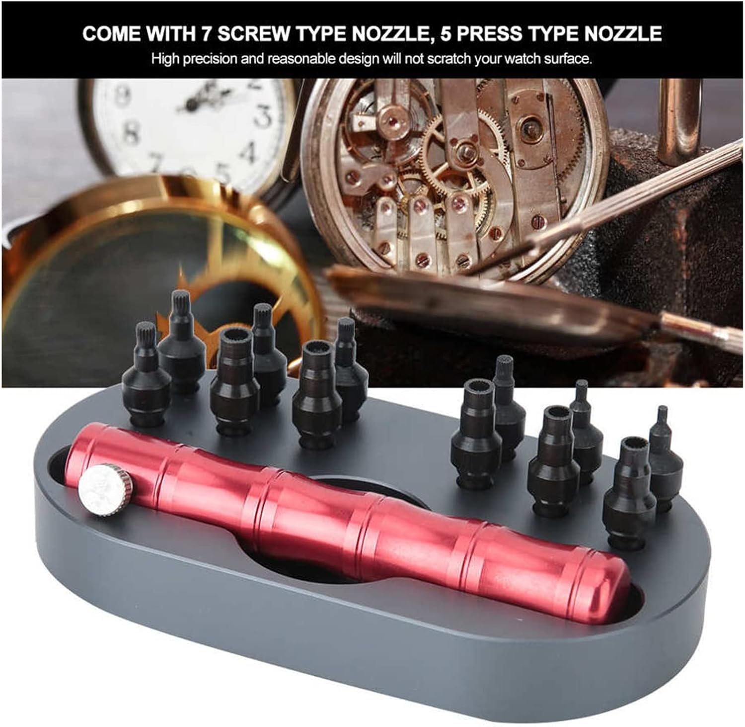 Watch Crown Removal Tool Kit with 12 Nozzle Accessories – Professional Watch Repair Tool for Watchmakers and Enthusiasts, Easy Screw/Press Type Design