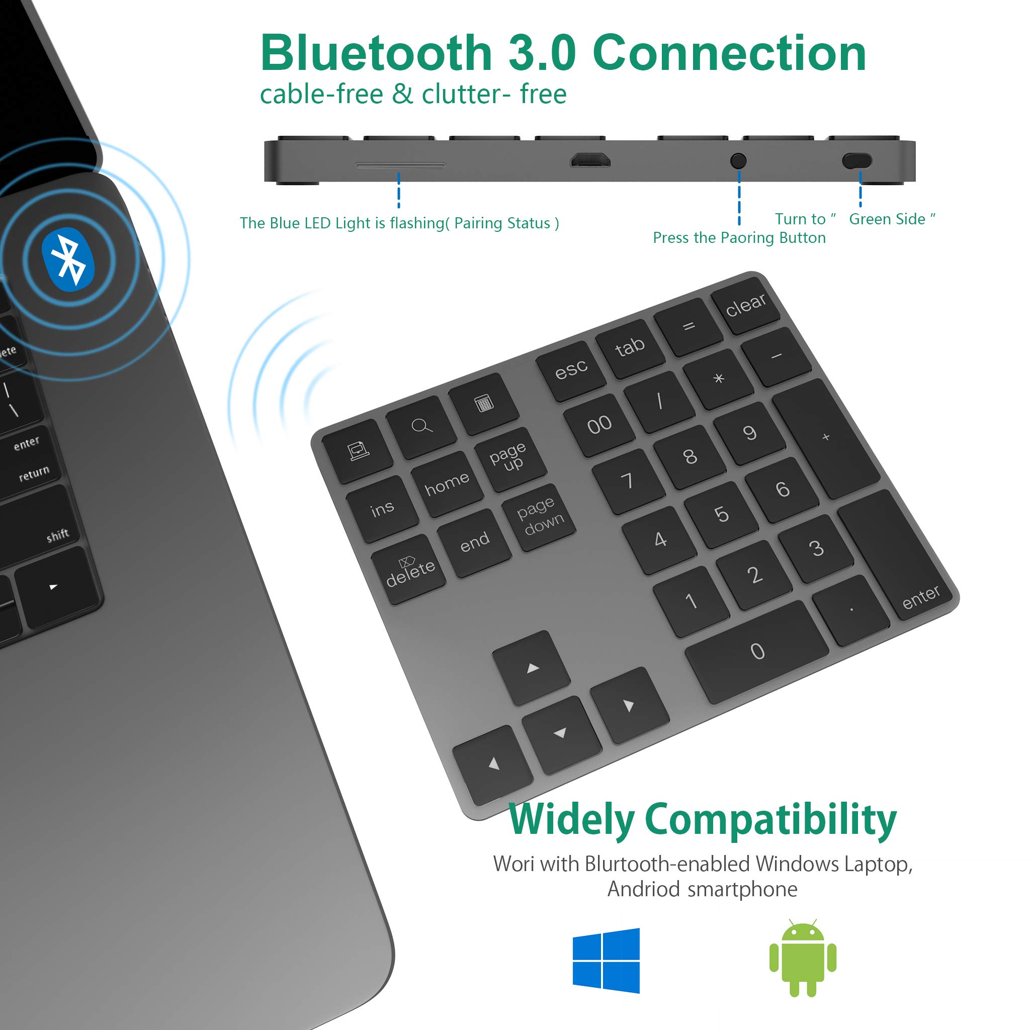 Tastierino Numerico Bluetooth, Wireless Bluetooth con più Scorciatoie Tastiera 34 Tasti Portatile Sottile per iP ad/M ac/Laptop/PC Compatibile con Windows Android iOS System