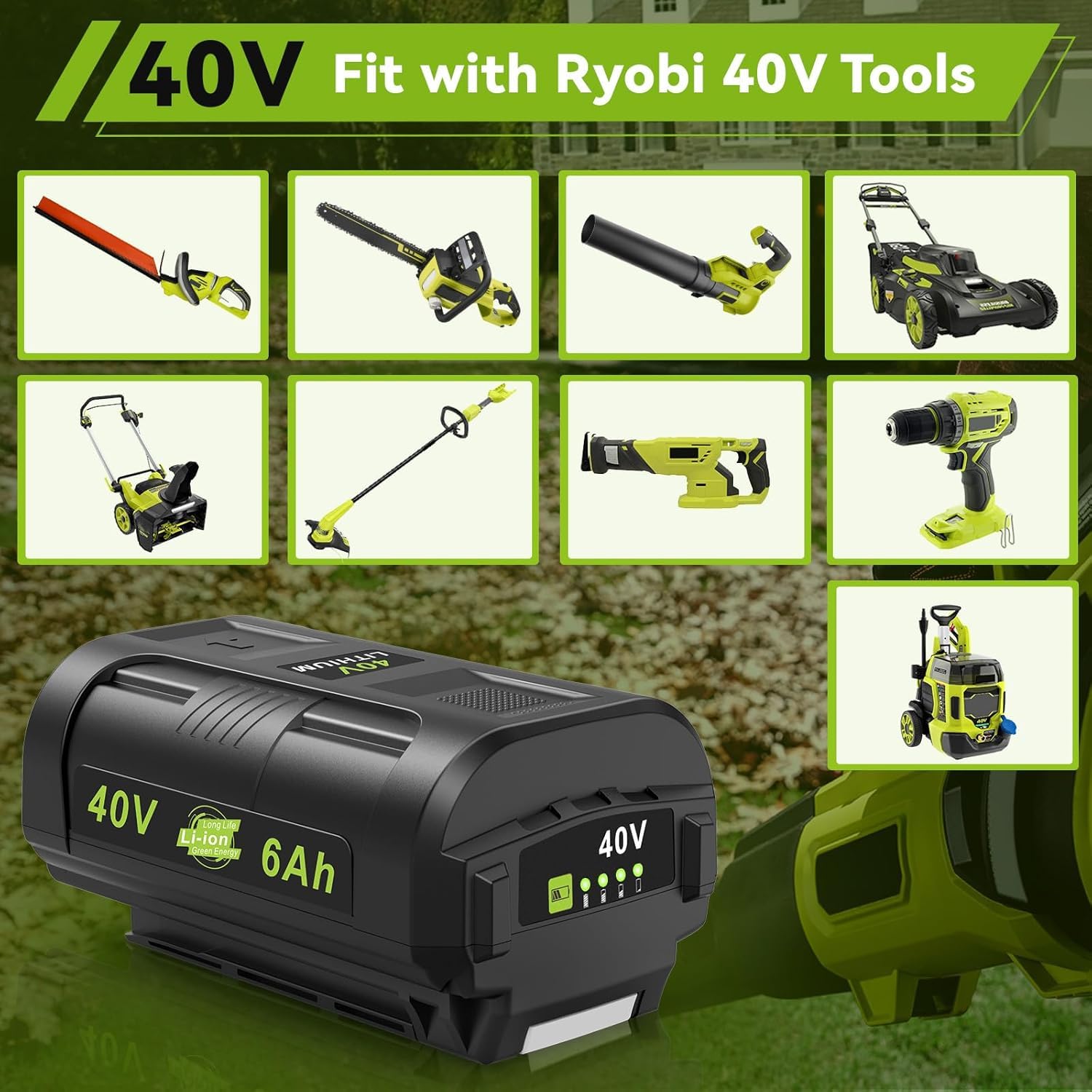 Compatible con batería Ryobi de 40 V, 6.0 Ah, 2 unidades, OP4060, OP401, combo de cargador de alta capacidad, fuerte potencia para Ryobi 40 V batería y cargador, cortacésped, sopladores de hojas para