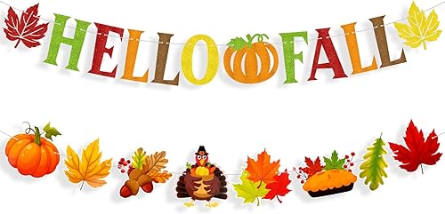Miniatura 8 de Konsait Cartel de Hello Fall con diseño de hojas de arce y calabaza, pancarta con purpurina de Hello Fall para manto, suministros de decoración de