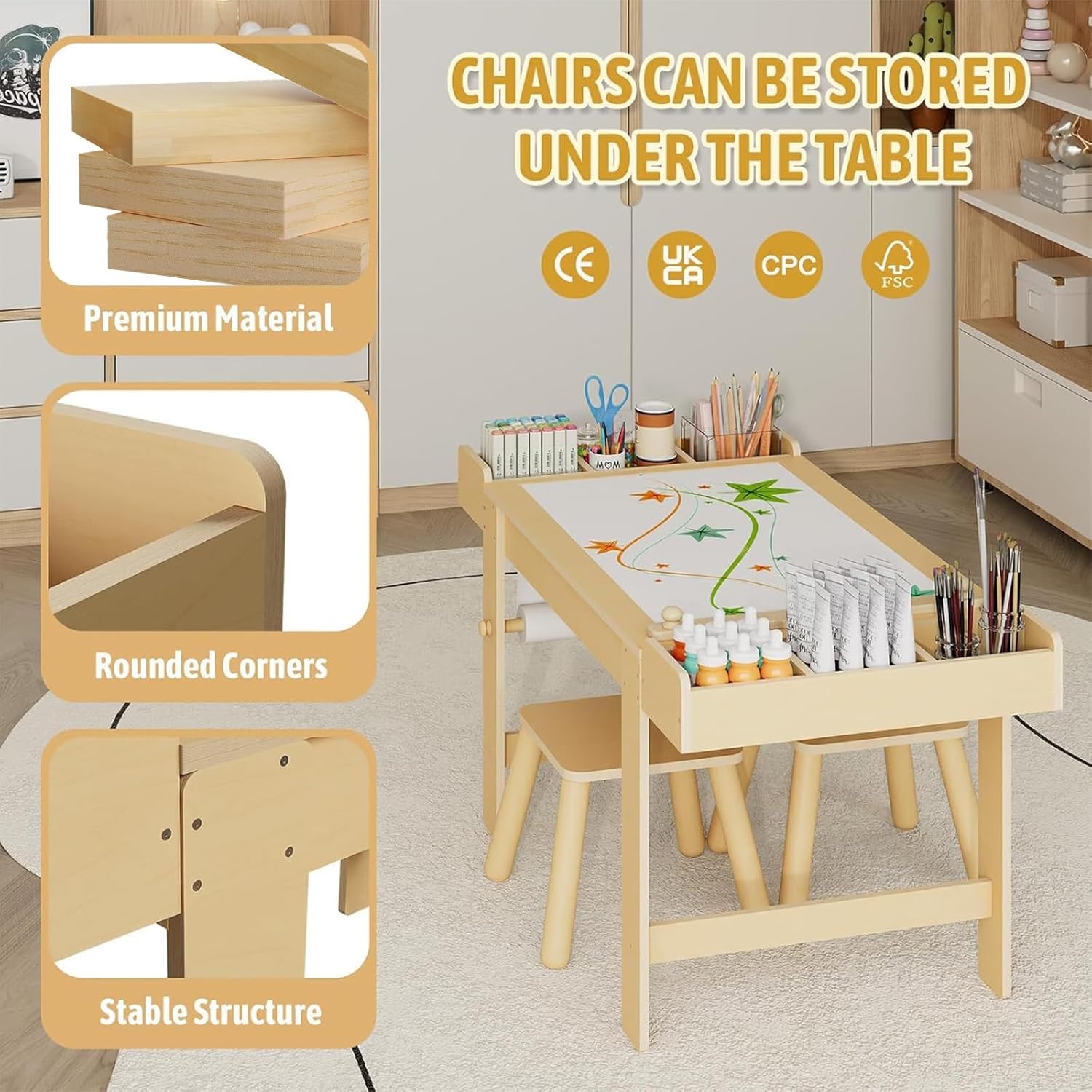 Kids Art Table and Chair Set, Kids Craft Table with Storage, Toddler Activity Play Desk and 2 Chairs Set,Wooden Art Drawing Desk with Paper Roll for Children Painting, Learning,Reading,Eating
