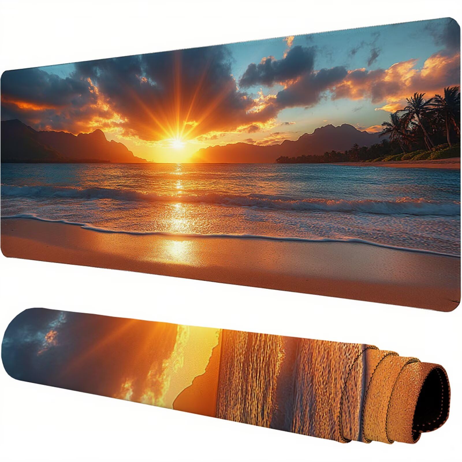 Żółta podkładka pod mysz XXL 1600 x 800 x 3 mm widok na morze pod ręką akcesoria na biurko antypoślizgowa gumowa podstawa i szyte krawędzie podkładka pod mysz dla graczy do dekoracji biura biurowego