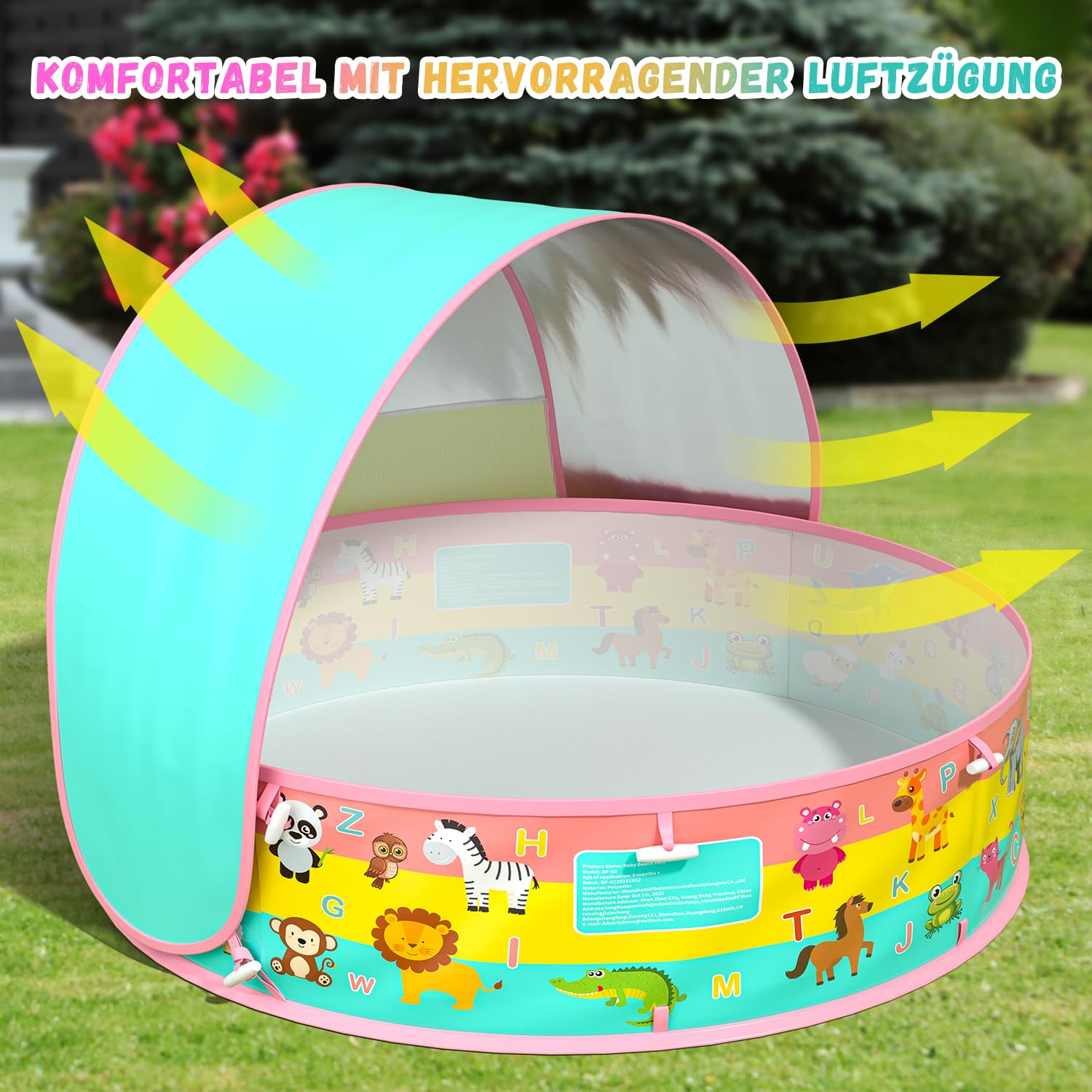 Baby Planschbecken mit Dach UV Schutz 50+ Pop-Up Strandmuschel 4 in 1 Portabler Baby Pool mit Sonnenschutz