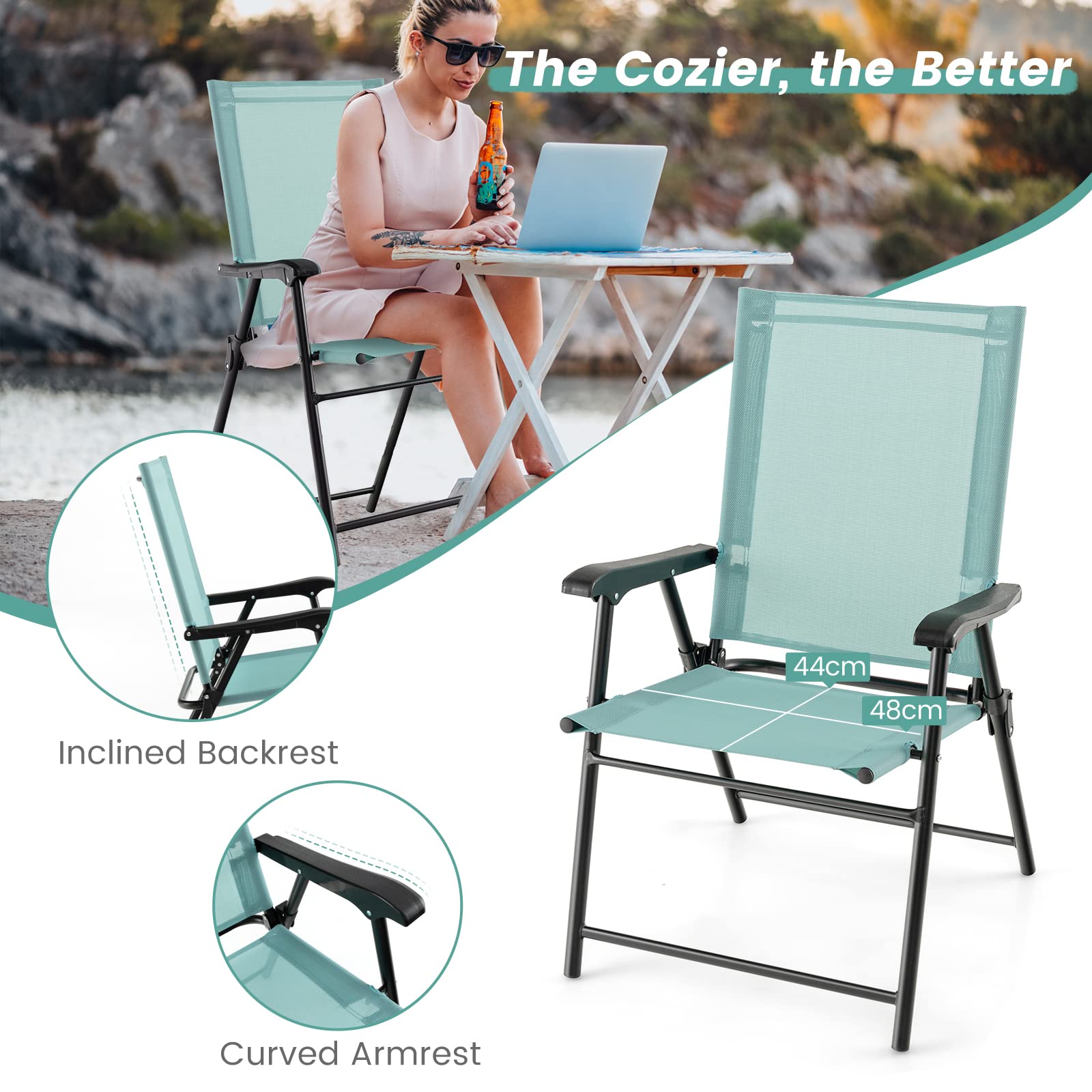 KOMFOTTEU Set di 2 sedie pieghevoli da balcone, portatili, da giardino con schienale, per terrazze, resistenti alle intemperie, pieghevoli, per giardino, balcone, terrazza (verde menta)