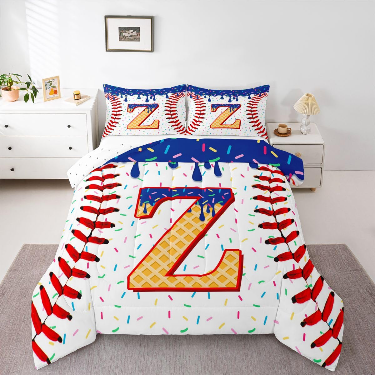 Homewish Zestaw pojedynczej kołdry baseballowej - modny zestaw pościeli z inicjałem Z dla chłopców lodów słodki deser zestaw kołdry - dla dzieci chłopców nastolatków dorosłych sportowa gra w piłkę bez