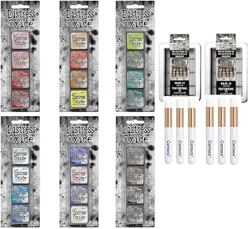 Tim Holtz Ranger Mini Distress Oxide Ink Cube Pads, Kits 7-12, 24 Colors, 2 Organizer Tins for All 24 Inks, 6 Carnora Blending Brushes