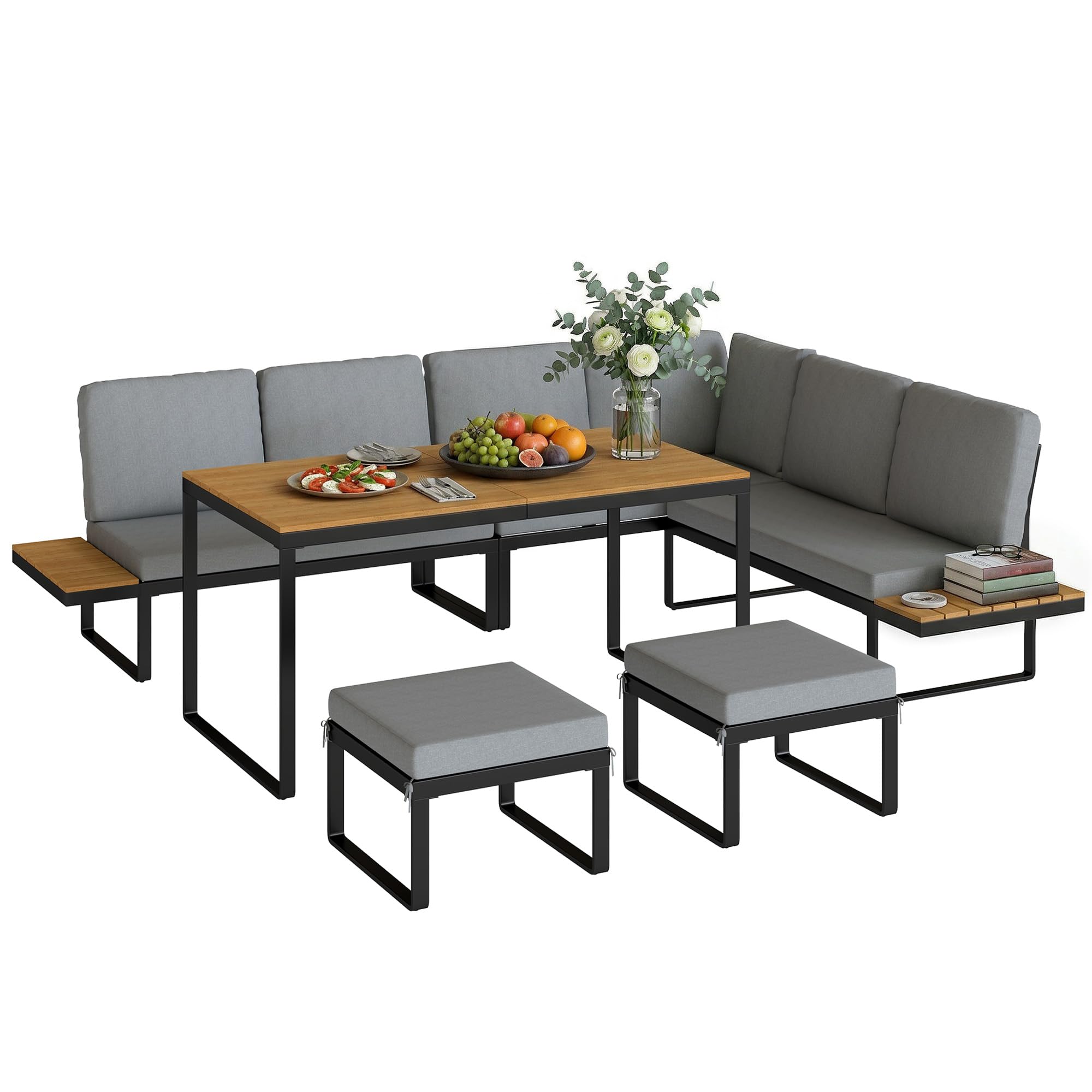 Outsunny Salon de Jardin Extérieur 6-8 Personnes Meuble de Jardin Gris | Aluminium, Table Haute Dînatoire, Canapé d'Angle, Plateaux Latéraux Bois Composite, Mobilier de Terrasse