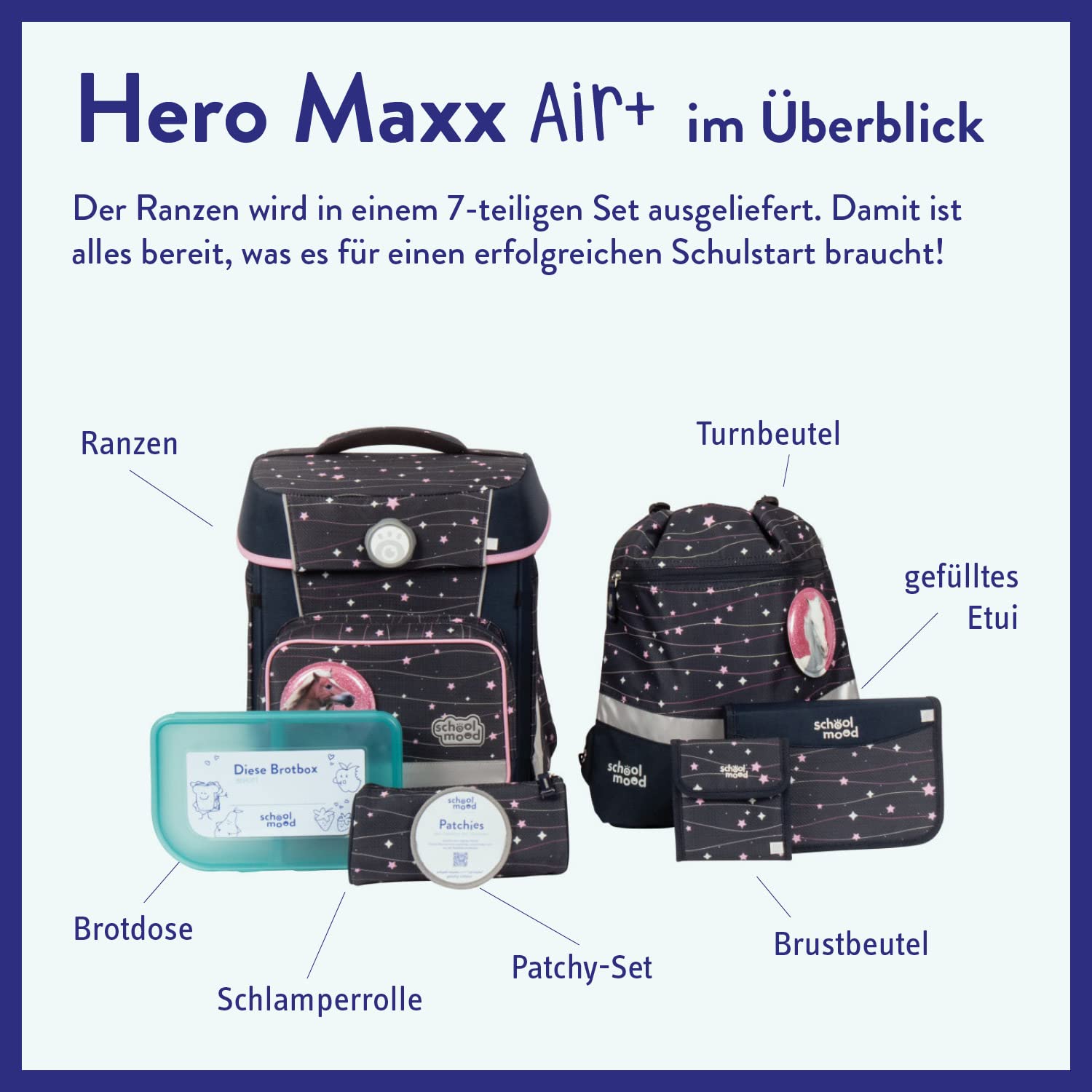 SCHOOL-MOOD - Juego de mochila escolar Pony, 7 piezas - Hero Maxx Air+ - Incluye accesorios - mochila escolar ergonómica para niños y niñas - Mochila escolar para niños de 1ª a 4ª clase Ella (Pony),