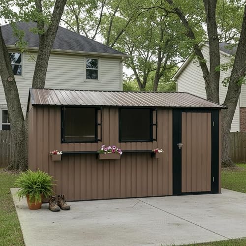 KEIKI 12x10 FT Outdoor Metal Storage Shed with 3 Clear Windows, Walk in Lockable Single Door Heavy Duty Steel Utility Shed Waterproof Rust Resistant Windproof for Backyard Garden Yard, Brown