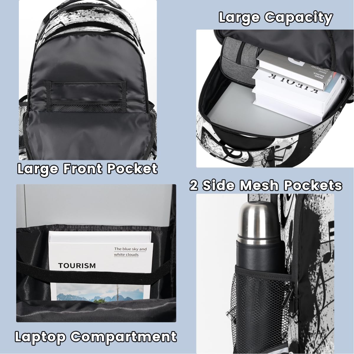 TropicalLife Noten-Rucksack für Kinder, Mädchen, Jungen, Herren, Damen, Schwarz, Musiknoten, Multifunktions-Rucksack, Schule, Büchertasche, 20 l, Laptop-Tasche, Reisen, lässiger Tagesrucksack, farbig,