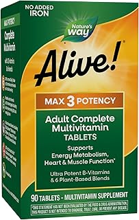 Nature's Way Alive! Max3 Potency Adult Complete Multivitamin, High Potency B-Vitamins to Support Energy Metabolism*, with Methylated B12 and Folate, No Added Iron, 90 Tablets
