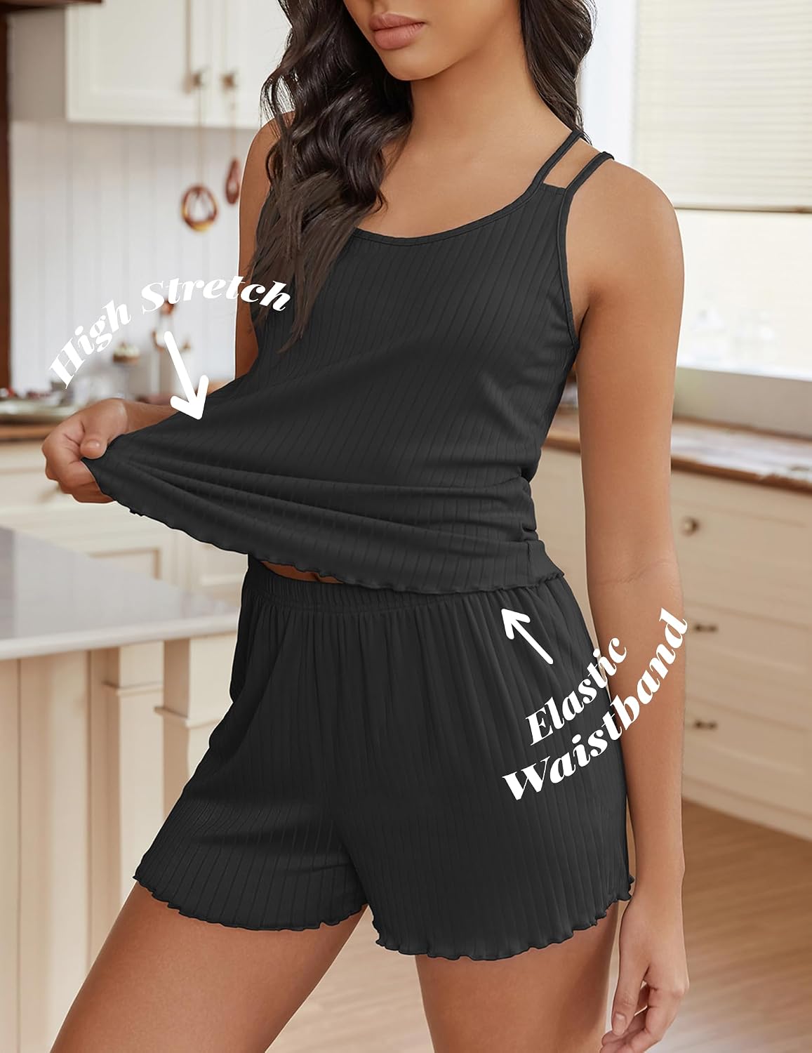 Ekouaer Womens Cami Pajama Sets 2 Piece Ribbed Knit PJs Tank Top and Shorts Set Lingerie Sleepwear image 5