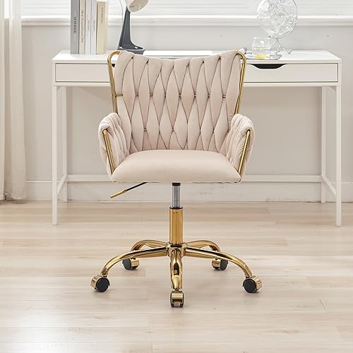 Miniatura 2 de Westice Silla de escritorio de terciopelo, cómoda silla dorada para oficina en casa con respaldo tejido a mano, silla giratoria de altura ajustable