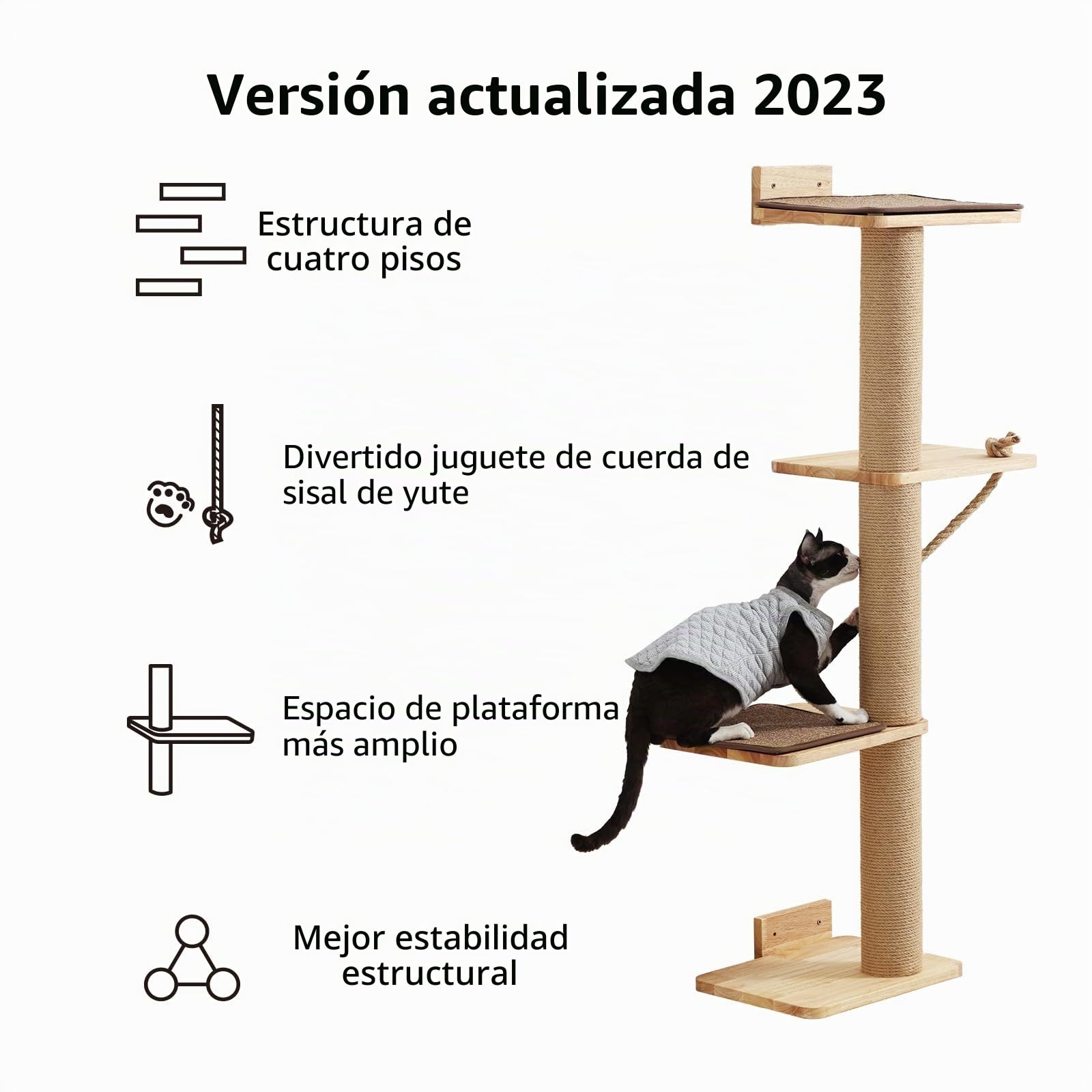 FUKUMARU Árbol para Gatos de 127 cm, Montado en la Pared, Con Cama, Poste Rascador y Colchoneta de Yute, Hecho de Madera de Caucho Sólida Natural, Grande
