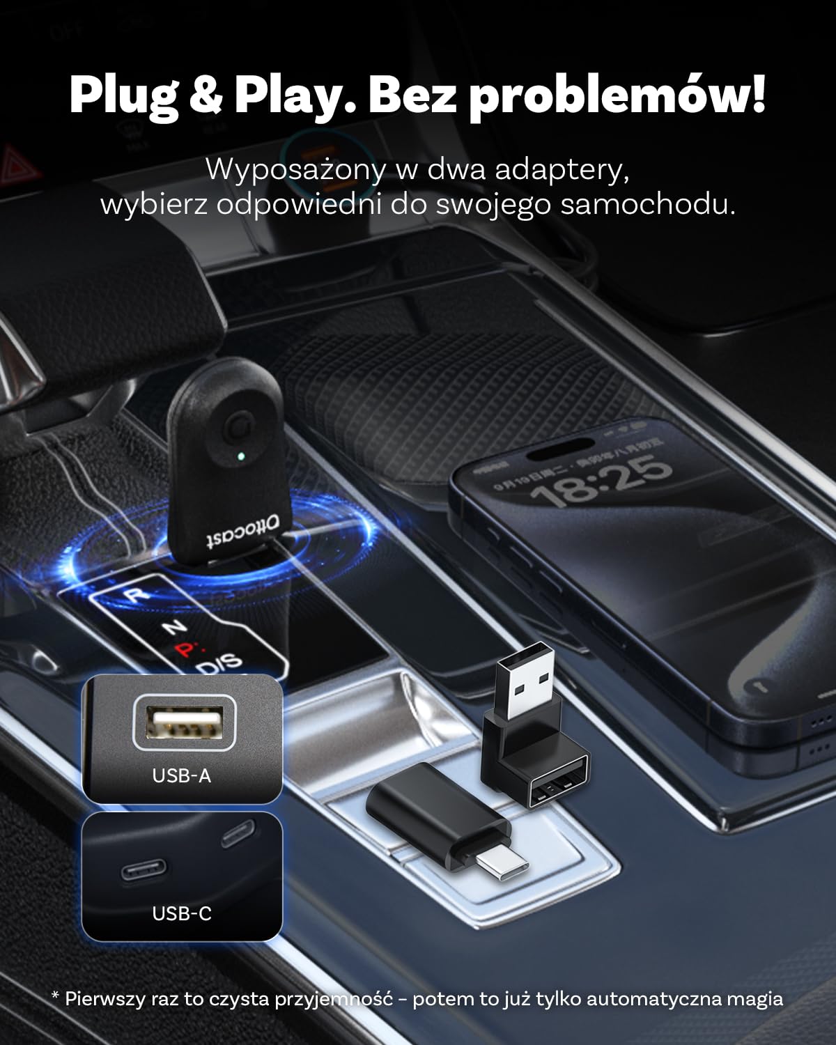 2025 Zaktualizowany 2-w-1 Bezprzewodowy Adapter CarPlay i Android Auto, OTTOCAST MINI dla iOS 10+ i Android 11+, Przekształca Przewodowy CarPlay w Bezprzewodowy, Kompatybilny z USB-A i USB-C(Czarny)