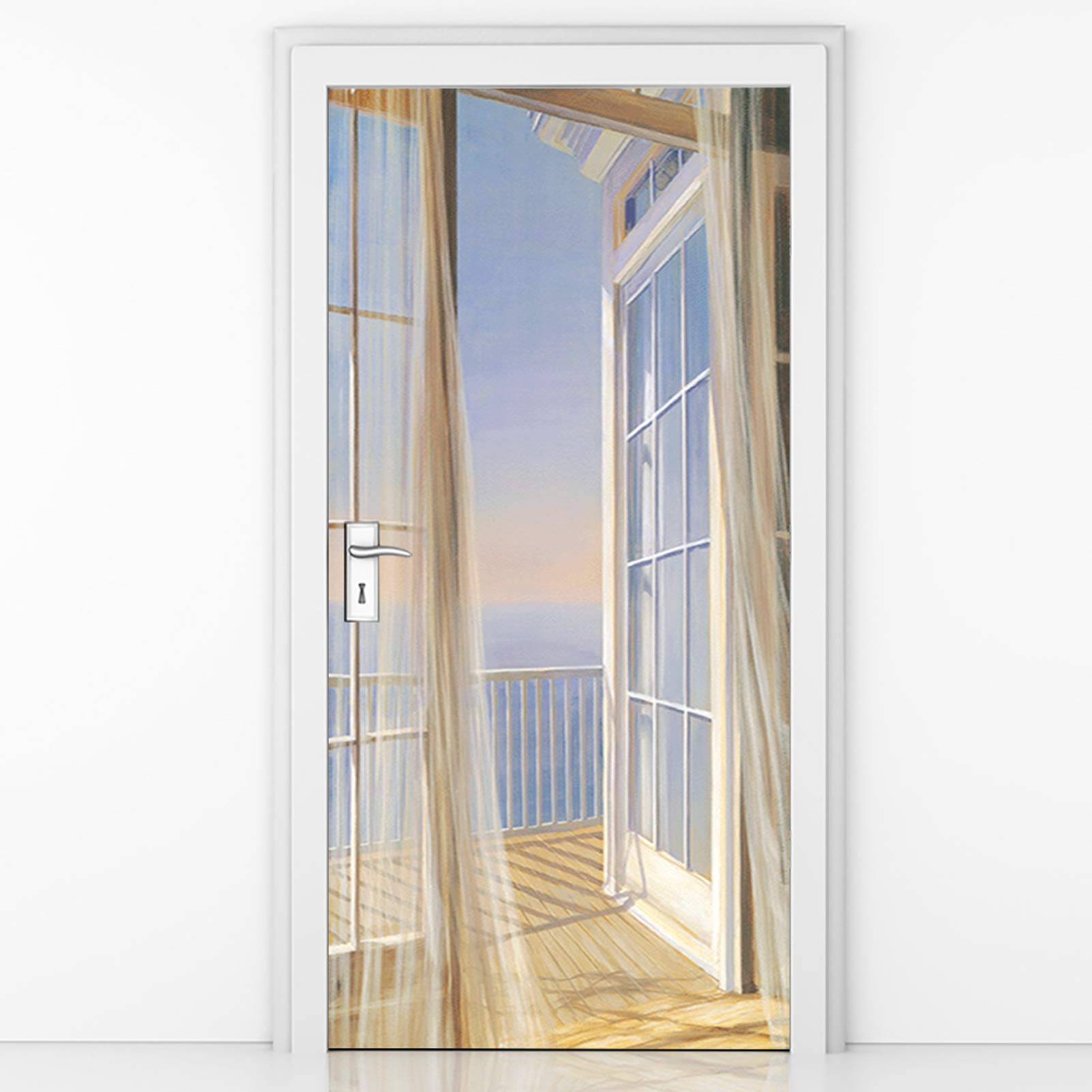 PLEETS Sticker Porte Trompe L'oeil Effect Ville De La Mer Poster Mural Placard Chambre Toilette Bain Cuisine Pour Décoration Entree, PVC Auto- Adhésifs Amovible Papier Peint Porte 95 X 215cm