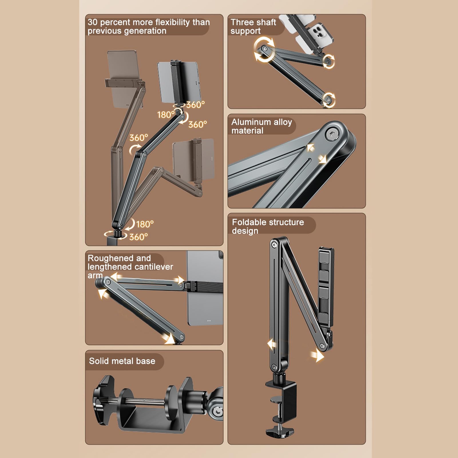 Fockety Supporto da Tavolo per Tablet, Lega di Alluminio Rotazione di 360 Gradi Supporto da Braccio Pieghevole per Tablet Altezza Regolabile Supporto per Tablet con Braccio Flessibile