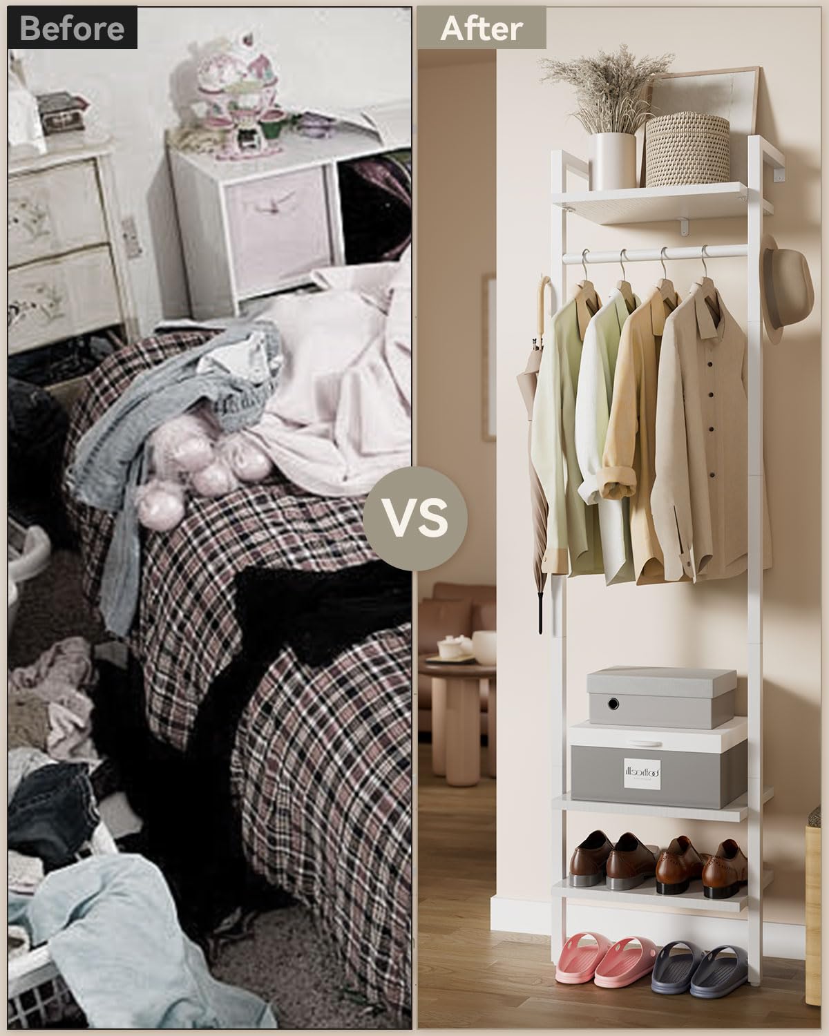 YMYNY Appendiabiti da Parete, Mobile da Ingresso, Alto 180CM Attaccapanni da Terra, Attaccapanni Muro Scaffale, per camera da letto, soggiorno, Stile Industriale, Bianco HGR003W