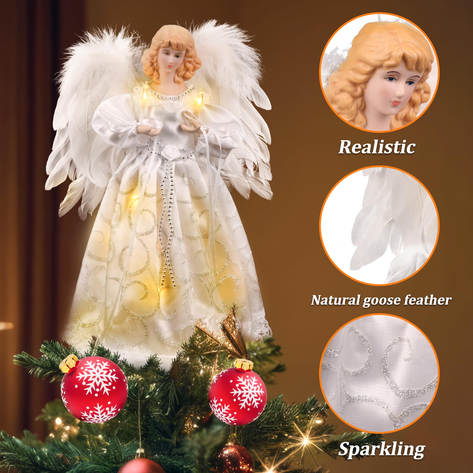 Christmas Tree Topper with Lights | 12.5 inch White Angel Tree Topper | Battery-Powered Tree Toppers Christmas Decorations