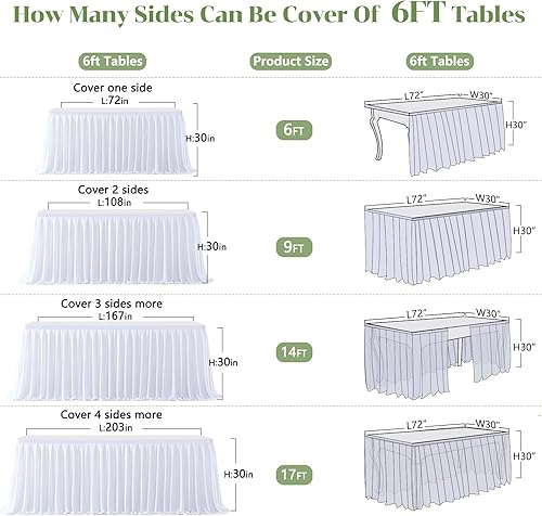 Miniatura 4 de Partisky Falda de mesa de poliéster blanca para mesas rectangulares 9F, mantel plisado resistente a las arrugas, para fiestas de cumpleaños,