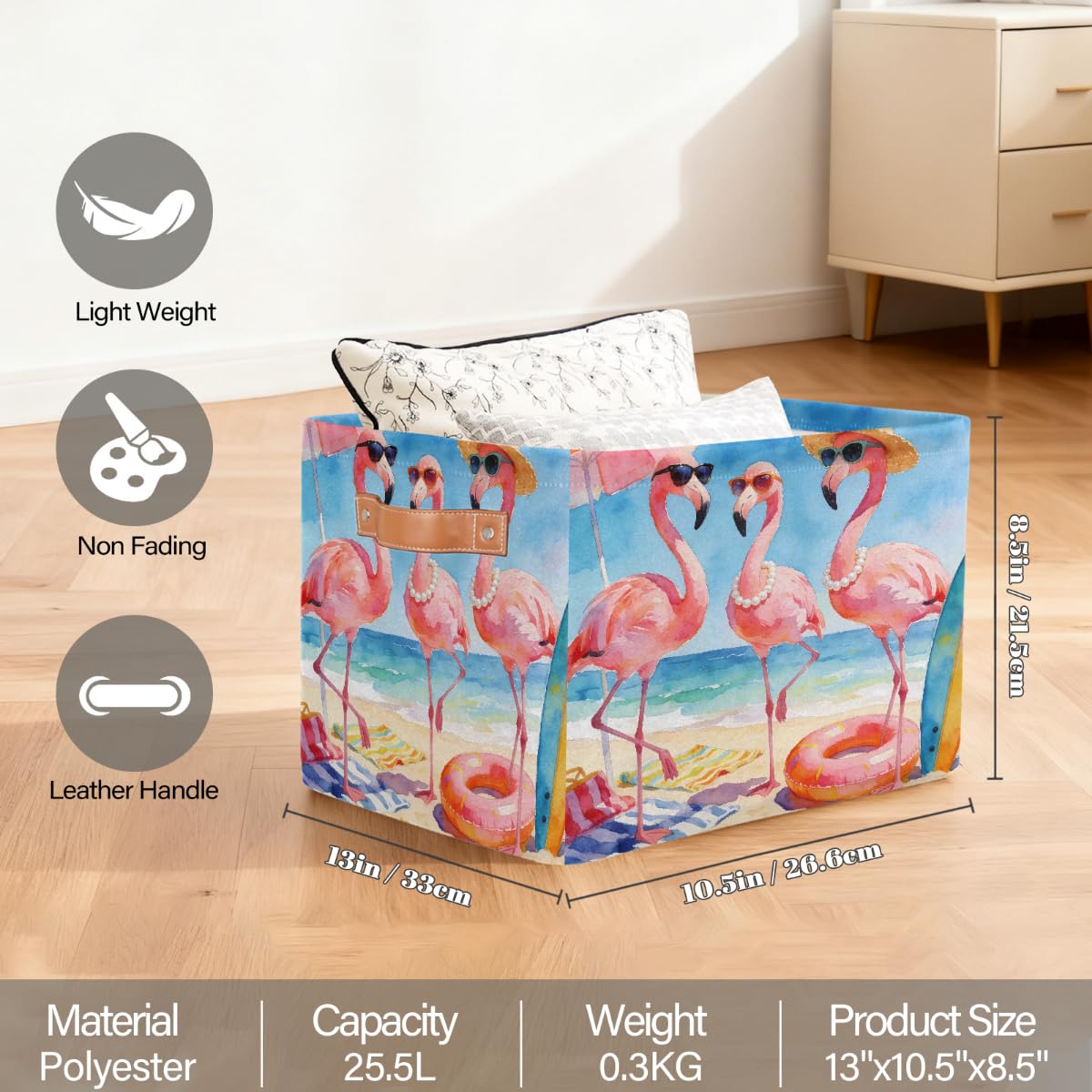Lustiger Sommer-/Strand-Flamingo-Aufbewahrungskorb mit Ledergriffen, faltbarer Stoff-Aufbewahrungskorb für Schrank, Badezimmer, Wohnzimmer, Büro, Spielzeug, Organizer, Wäschekorb, 2 Stück