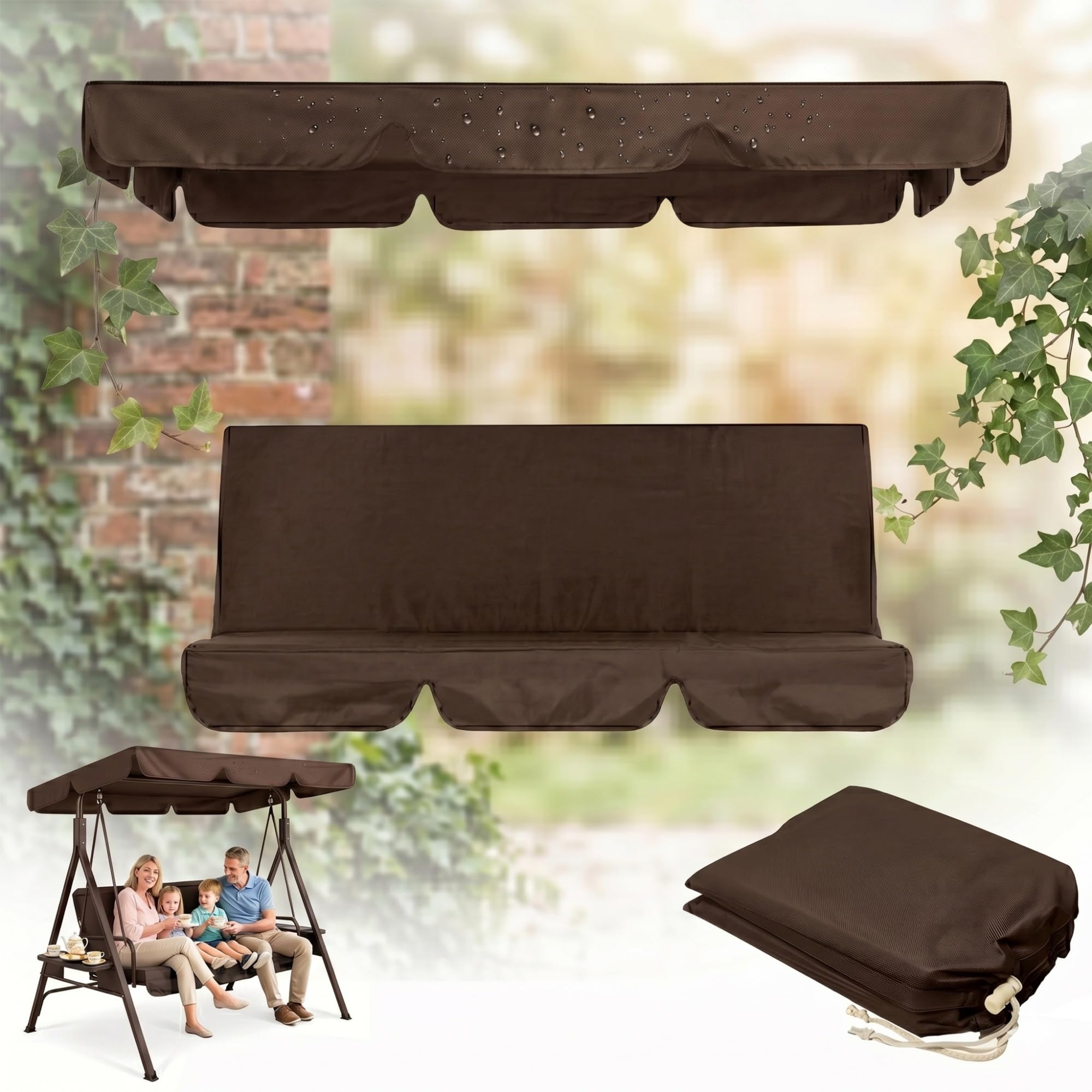 210d Garden Swing Canopy And Seat Cover Set, Heavy Duty Waterproof & Uv Resistant Replacement For 3-Seater Swing, 2-In-1 Outdoor Furniture Protector(Coffee,164*114*15cm+130*45*8cm)