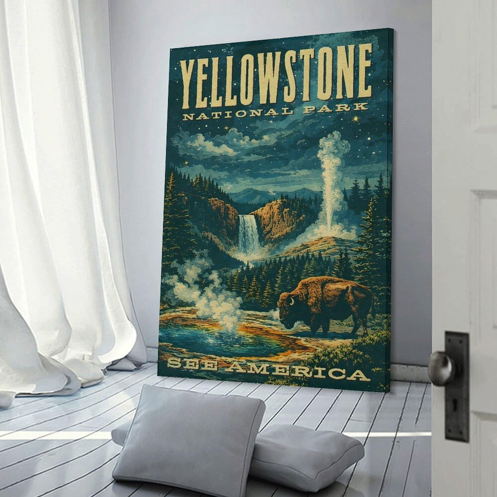 Junmoney Frame-Style-10 Canvas Wall Picture Yellowstone National Park Vintage (3), 24X36inch(60X90cm), For Calm Bedrooms, Home Corners Or Flats, Decorative Wall Art For Cosy Rooms