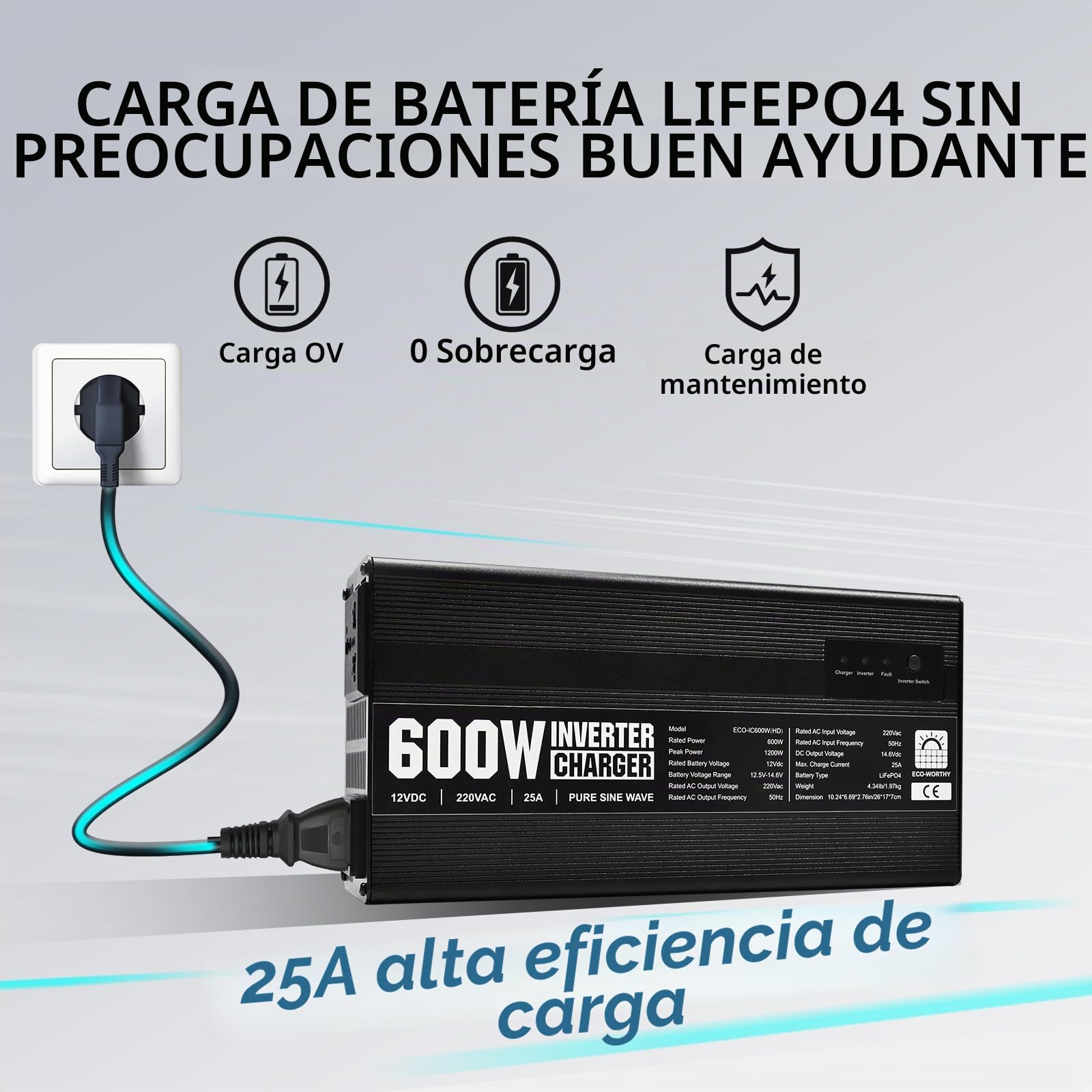 ECO-WORTHY Cargador LiFePO4 14,6V 25A con inversor 600W 12V a 230V, Circuito de prioridad de Red y función UPS, para batería LiFePO4 de Ciclo Profundo, Coche, camión, Turismo