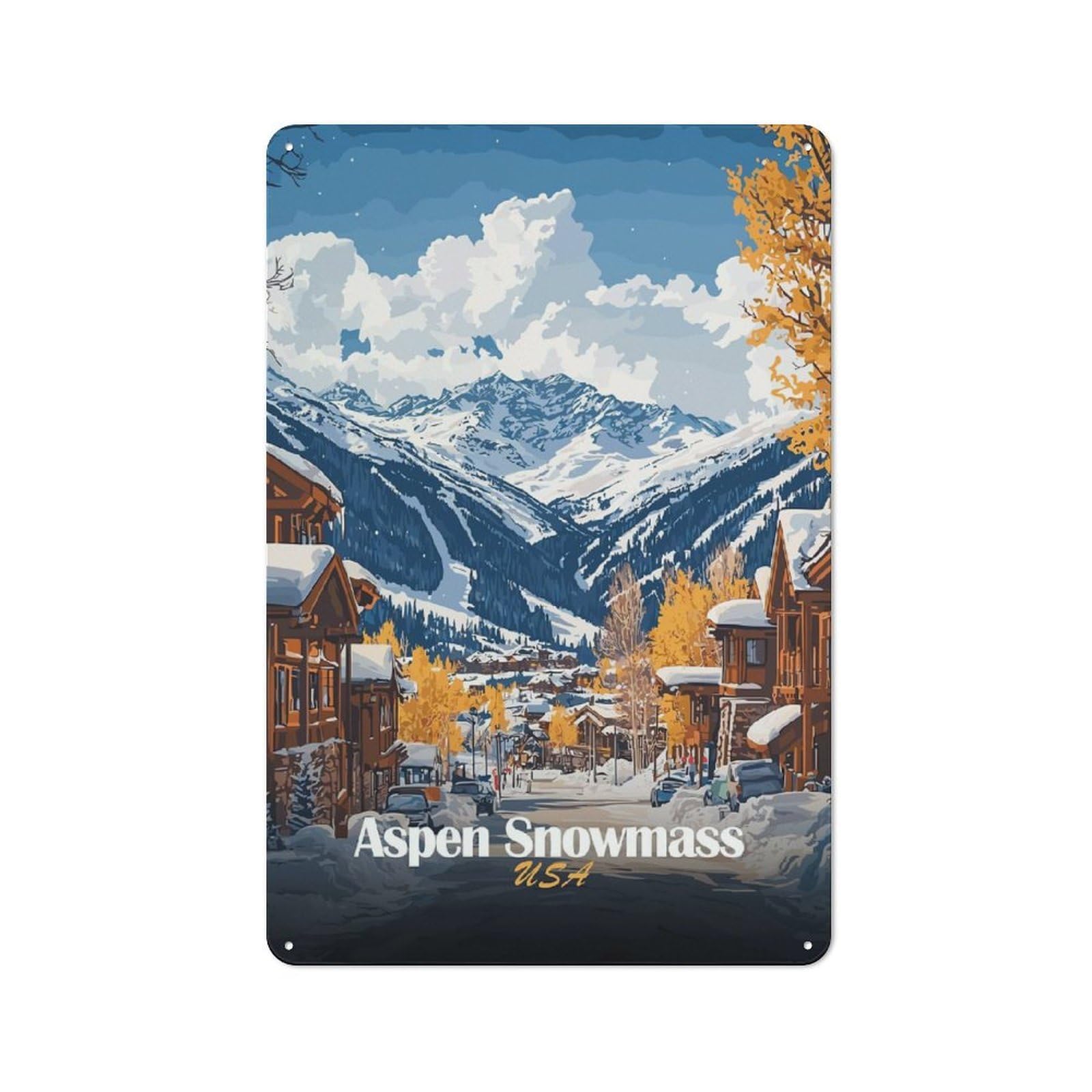 Junmoney Style-11 Aspen Snowmass Winter Scene Retro Metal Wall Decor 30X20cm, Vintage Metal Sign For Cafe, Pub, Workshop Or Home Bar