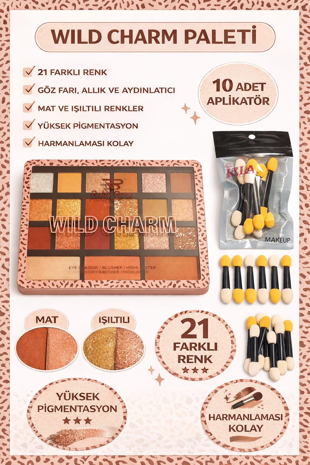 Wild Charm 21 Renkli Göz Farı Paleti, 10 Adet Çift Taraflı Aplikatör Seti, Mat ve Işıltılı Far, Yüksek Pigmentasyonlu Profesyonel Makyaj Paleti, Günlük ve Gece Makyajı İçin