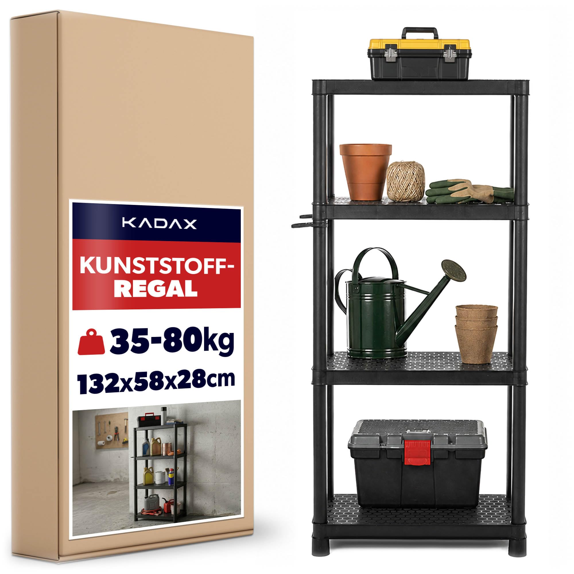KADAX Estantería de plástico para cargas pesadas, 132 x 58 x 28 cm, estantería de plástico con 4 estantes, para taller, trastero, garaje