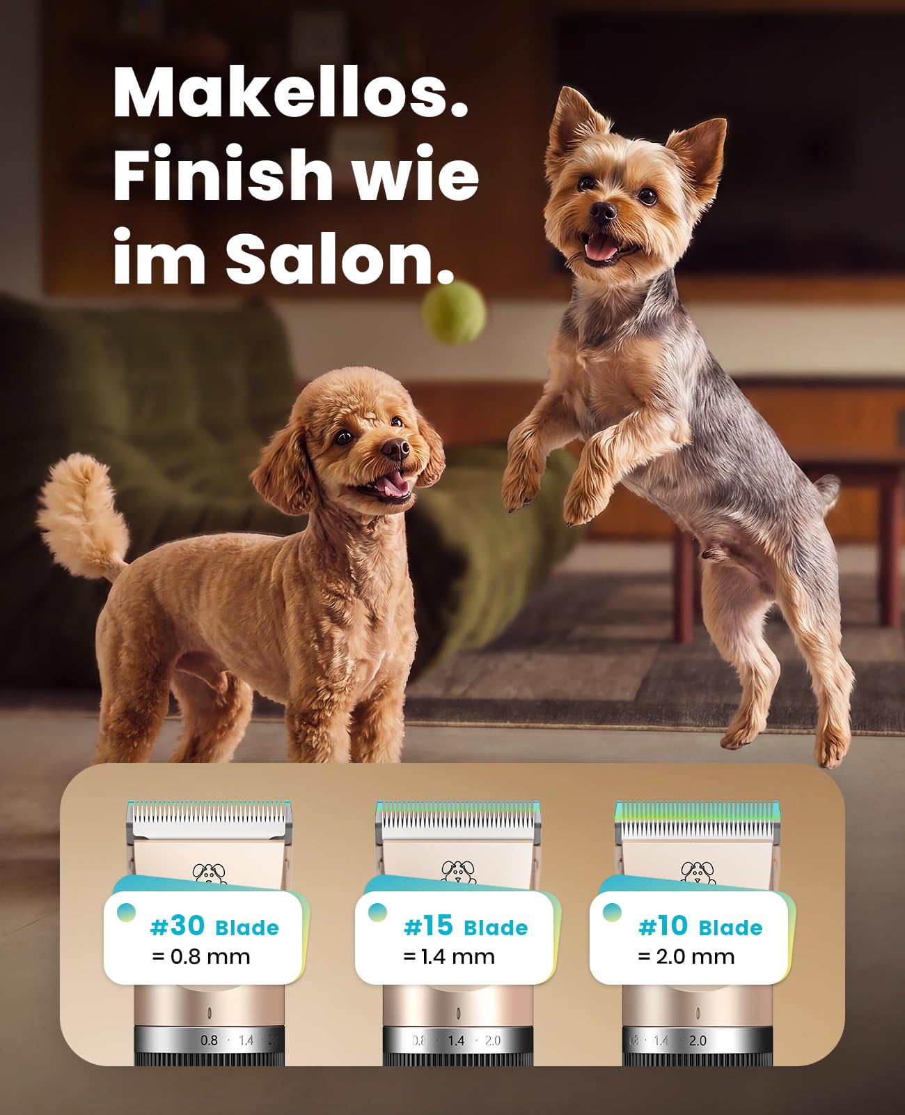oneisall Leise Hundeschermaschine, 2000mAH 4h Laufzeit Schermaschine Katze Hunde dichtem Fell, Hunde Haarschneidemaschine Tierhaarschneidemaschine Hunderasierer Langhaar(Gold)