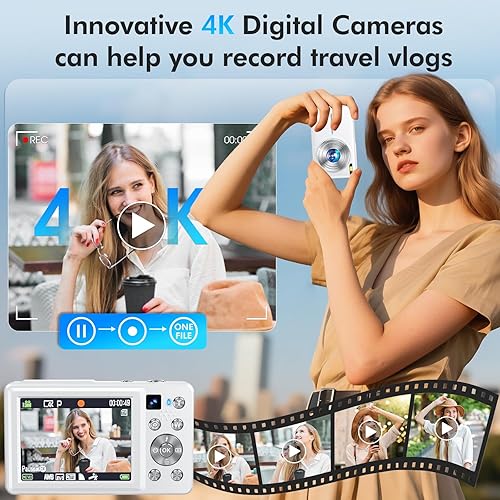 Miniatura 2 de Cámara digital 4K, cámara de enfoque automático de 64 MP con doble lente, zoom digital 16X, cámara compacta de disparo de punto de viaje para