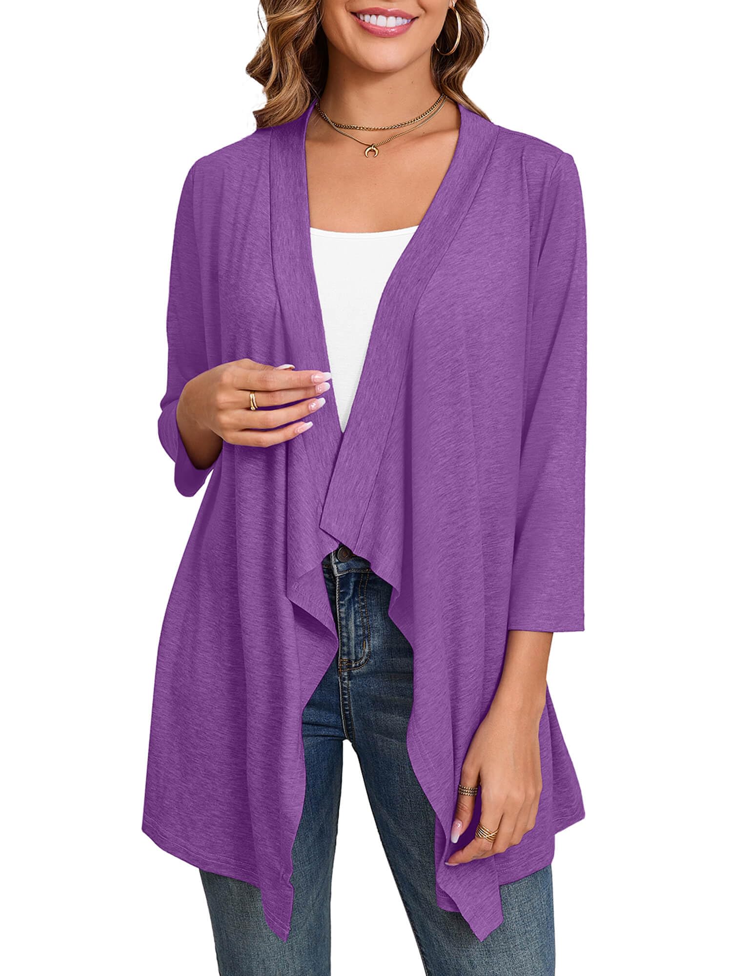 DEARCASE Women's Open Front Cardigans 3/4 Sleeve Draped Striped Printed Sweater Jackets Draped Kimono Loose Cardigan