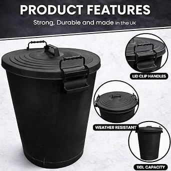 Large 110L Black Plastic Bin with Locking Lid – Heavy Duty Outdoor Storage Container, Clip-lock Lid, Weather Resistant, Strong Handles for Garden Waste, Rubbish & Animal Feed Colour Coded Bin