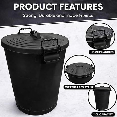 Large 110L Black Plastic Bin with Locking Lid – Heavy Duty Outdoor Storage Container, Clip-lock Lid, Weather Resistant, Strong Handles for Garden Waste, Rubbish & Animal Feed Colour Coded Bin