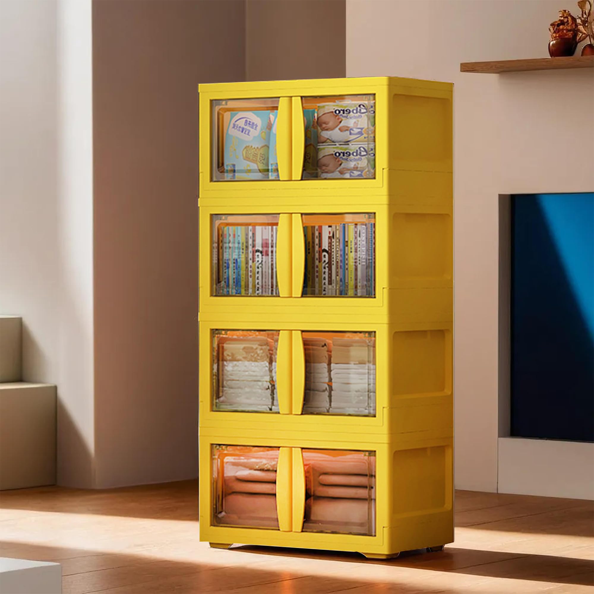 Kuber Industries 4-Layer Double Door Almirah for Clothes - Collapsible & Foldable Dress Racks/Plastic Cupboard for Storage - Yellow (B0D8FZ3NTC) Amazon Price History, Amazon Price Tracker