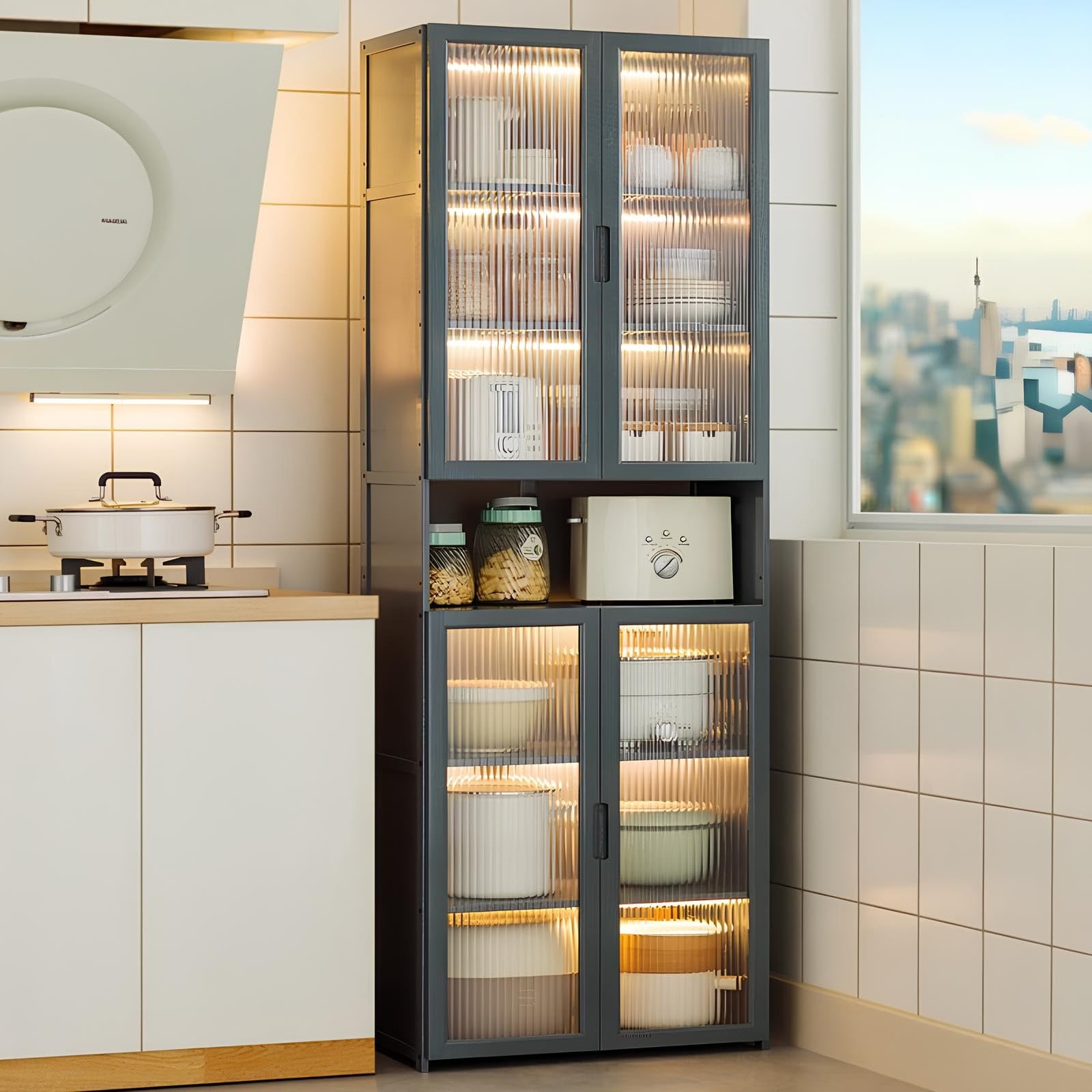 Gabinete de despensa con Puertas de acrílico, aparador de Almacenamiento de Piso de bambú, Estante de Organizador de Cocina a Prueba de Polvo para el Comedor de la Sala de Estar