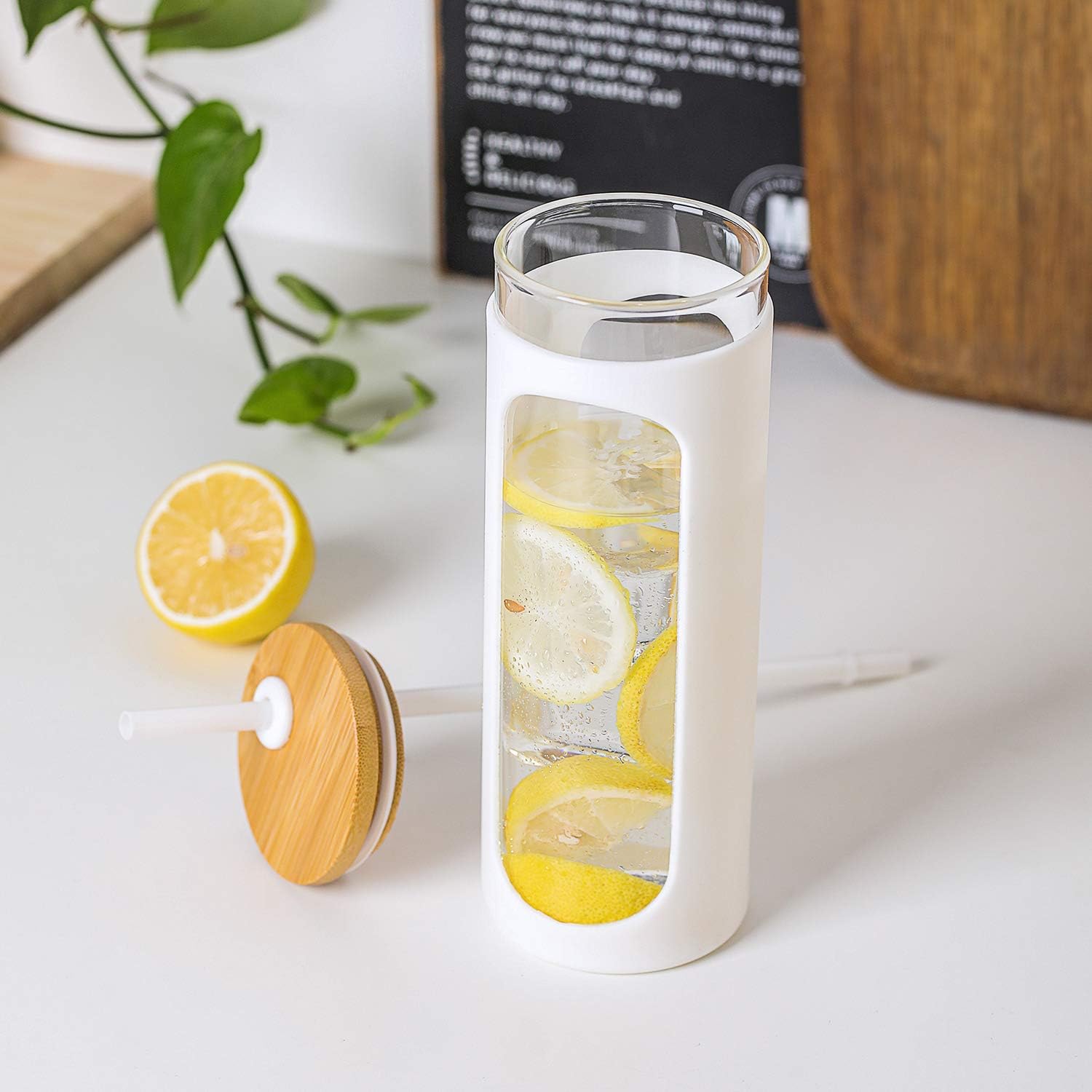  | Kodrine 24 oz Glass Water Bottle with Bamboo Straw and Lid, Wide Mouth Water Tumbler,Straw Silicone Protective Sleeve BPA FREE-White: Iced Tea Glasses