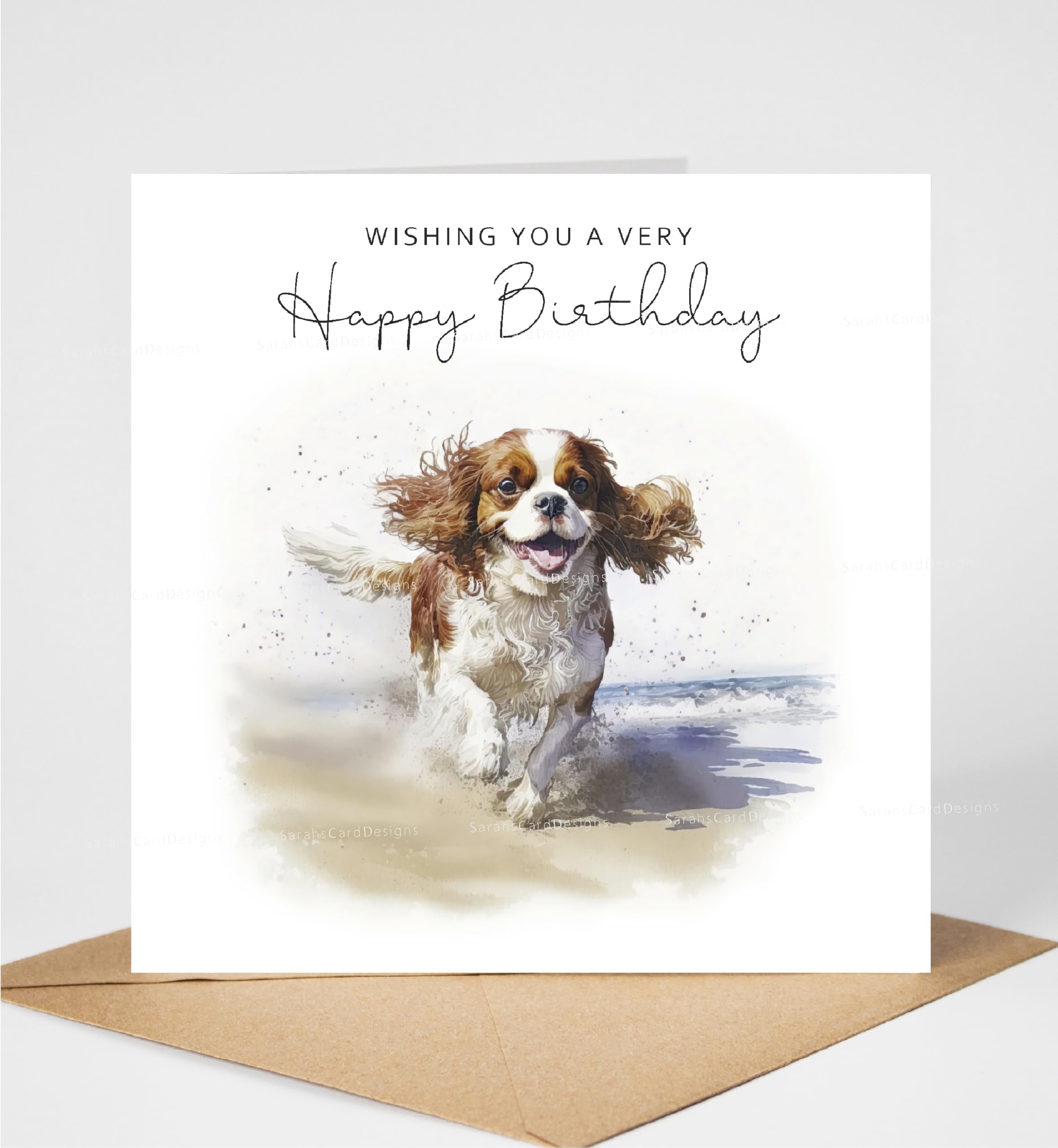 Cavalier King Charles Spaniel (Blenheim) Birthday Card, Lovely Dog Beach Scene Greetings Card, Dog on the Beach Birthday Card, Dog Seaside Birthday Card, 6" x 6", Blank Inside