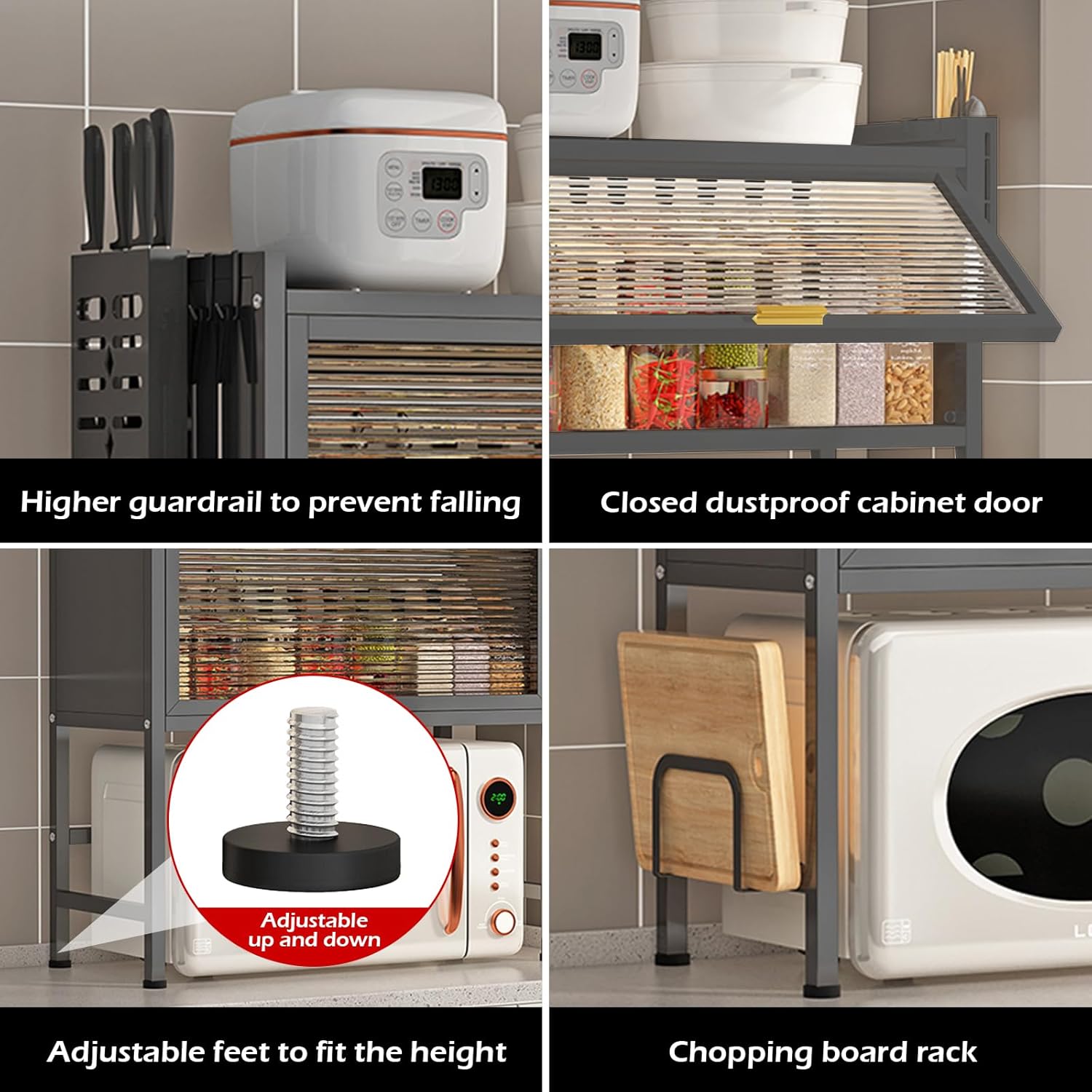 Microwave Stand, Kitchen Countertop Organizer, Oven Rack With Storage Cabinet, Carbon Steel Kitchen Counter Shelf, Shelf for Dining Room （Black）