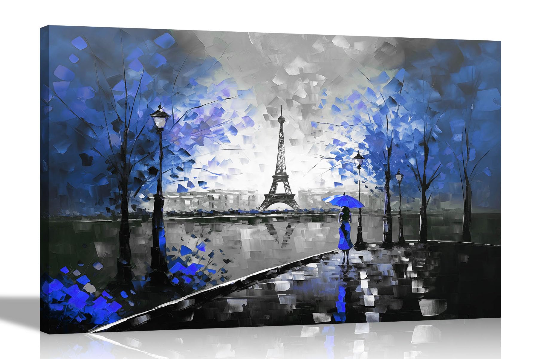 Artley Prints Blue Black And White Black And White Alone In Paris Blue Extra Large Colourful Wall Canvas For Living Room - Abstract Prints Framed Artwork Pictures 101 X 76Cm (40 X 30 Inches)