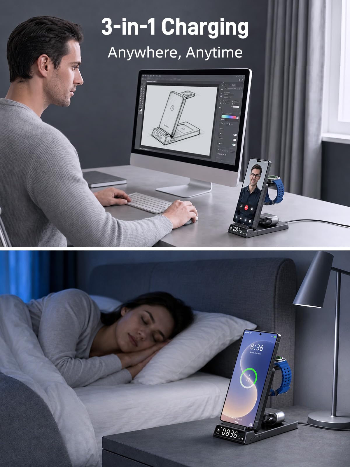 Bezprzewodowa ładowarka do stacji ładującej Samsung z zegarem do Samsung Galaxy S25 Ultra/S24/Flip 7/Bud, ładowarka do zegarka Samsung Galaxy Watch 8/7/6/5Pro, składana stacja ładująca 3 w 1 (czarna)