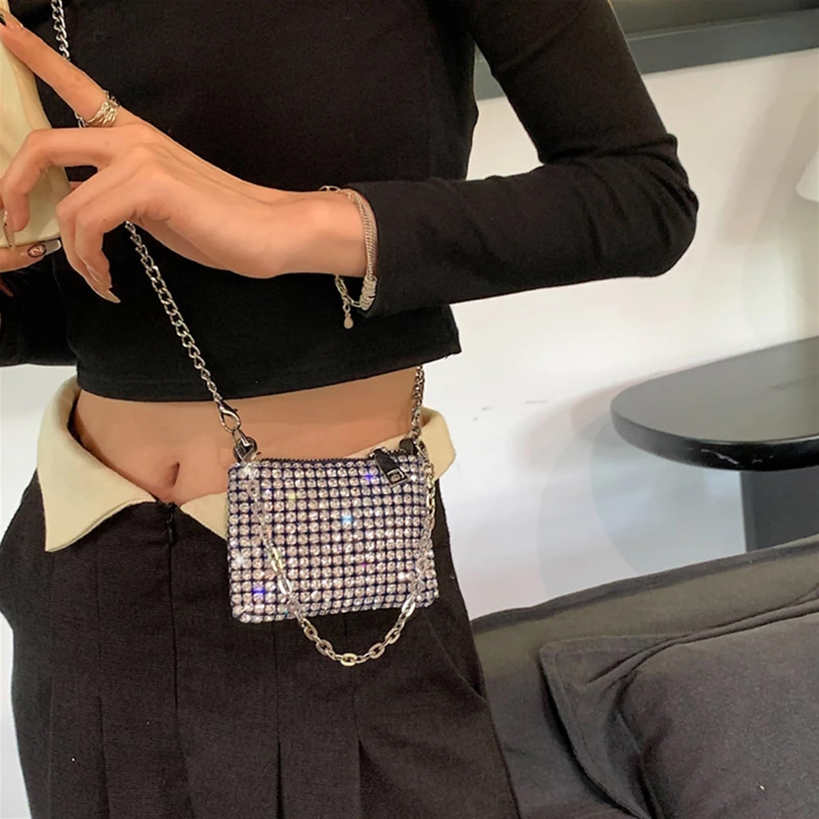 Pochette Diamante Donna Mini Borsa Quadrata con Strass Borsa a Tracolla in Metallo con Doppia Catena Borsa da Festa Scintillante Portamonete con Diamanti per Matrimoni e Eventi(Silver-01)