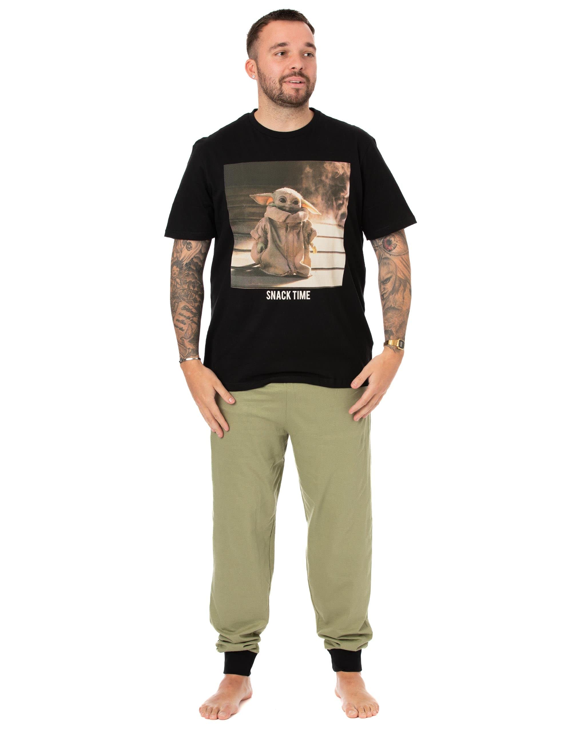 Star Wars The Mandalorian Mens Pyjama Set | Adults Black & Khaki Loungewear T-Shirt & Pants PJ Bundle | Baby Yoda Short Sleeve Tee Long Leg Bottoms Pajama | Sci-fi Nightwear Merchandise Gift for Him