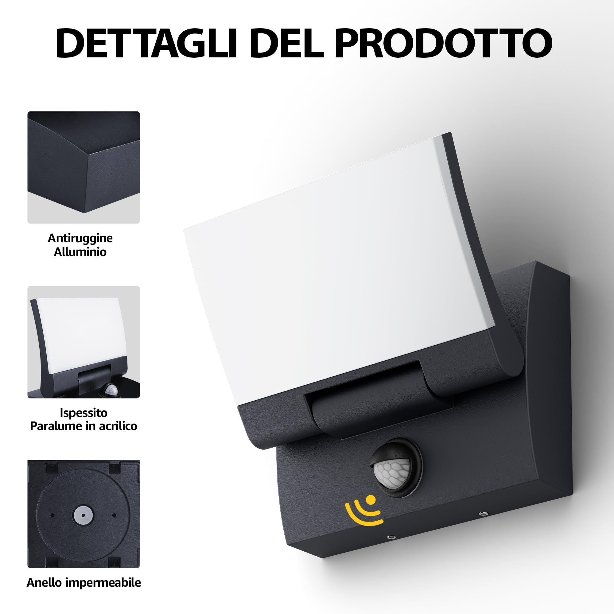 K-Bright 2 pezzi 30W LED Applique Esterno/Interno con Sensore di Movimento, Lampade da Parete Orientabile IP65 Applique da Parete in Alluminio per Giardini Terrazza, Antracite, Bianco caldo 3000K
