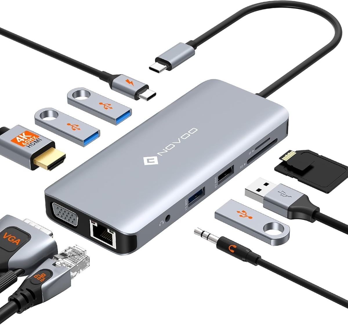 USB C Docking Station, NOVOO 11 en 1 Hub USB C Adaptador multipuerto con 4K@60Hz HDMI, 4 Puertos de Datos USB-A, SD/TF, Ethernet de 1 Gbps, VGA, PD 100W, 3,5 mm para MacBook, DELL, HP, Lenovo Thinkpad