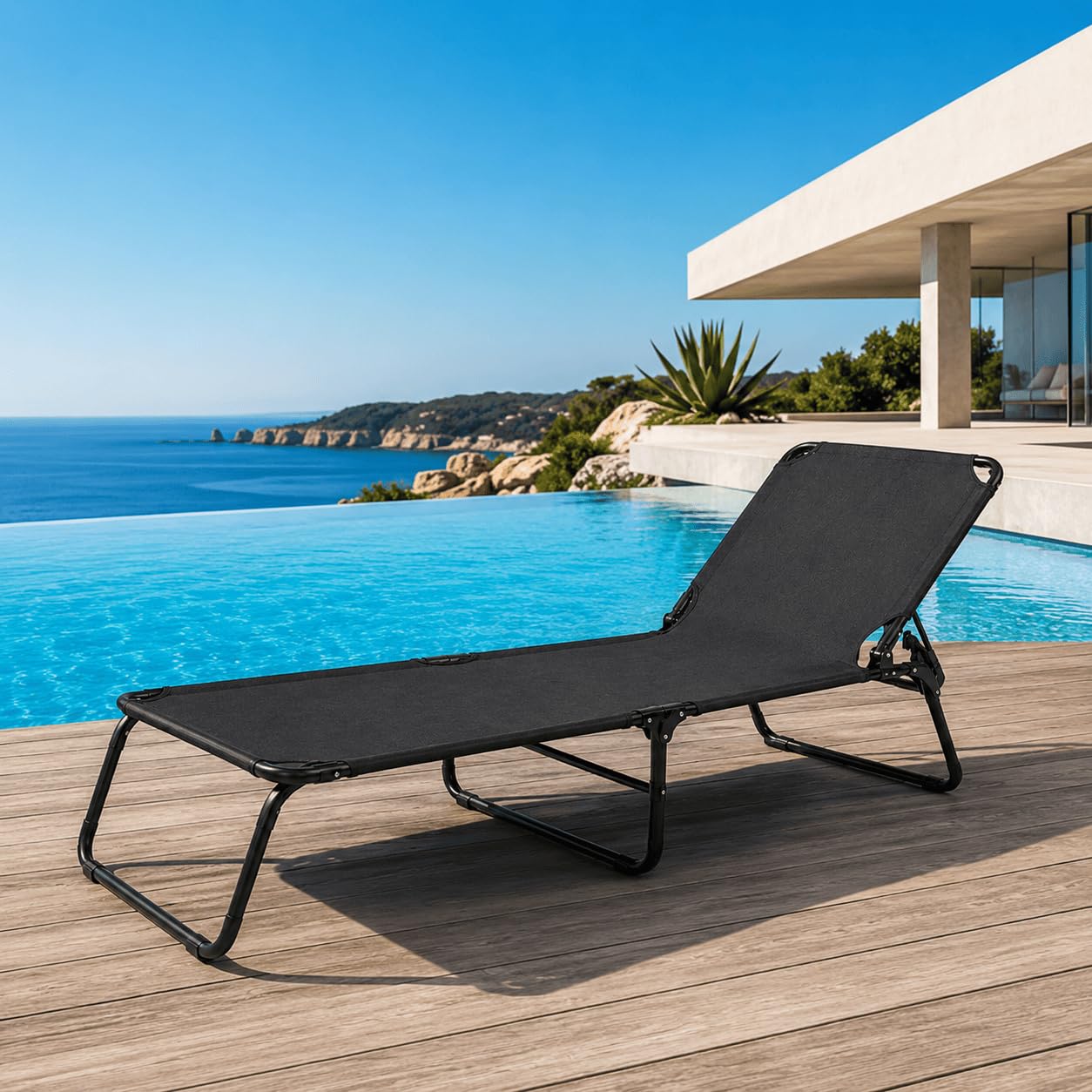 Lettino Pieghevole Prendisole Senza Tettuccio Parasole Schienale Reclinabile Regolabile Struttura In Metallo Nero Sedia Sdraio Per Spiaggia Mare Giardino Piscina 187 x 53 x 24 Cm Nero
