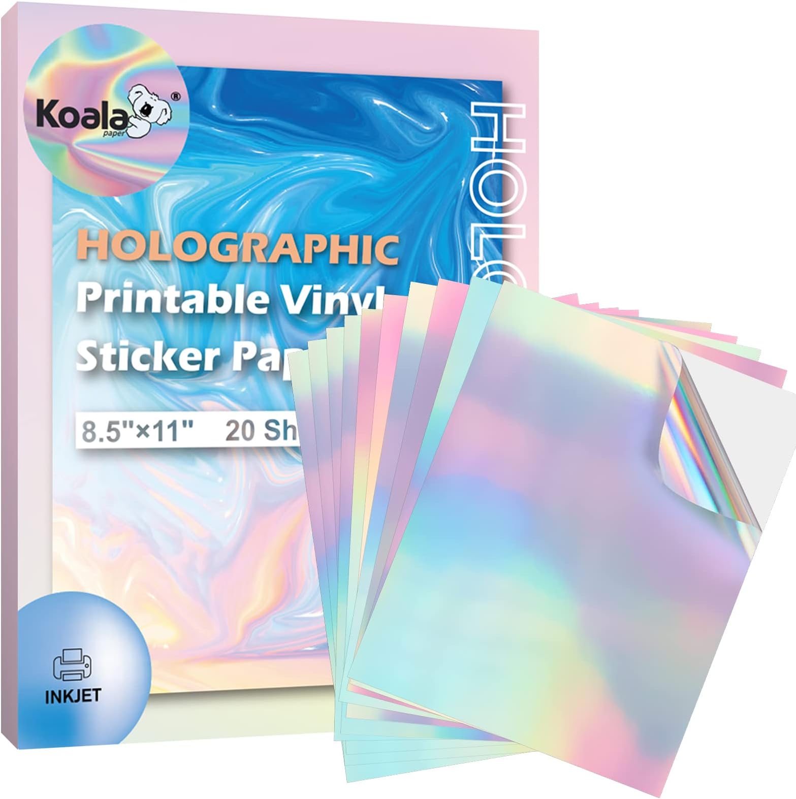 Koala Holographic Sticker Paper for Inkjet Printer - 20 Sheets 8.5x11 Inch, Rainbow Printable Vinyl Sticker Paper, Waterproof, Vivid Color, Tear Resistant